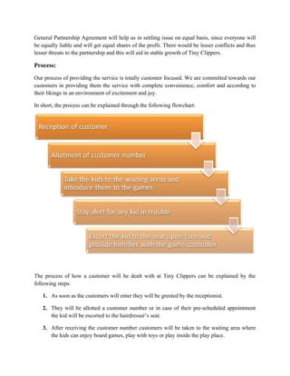 General Partnership Agreement will help us in settling issue on equal basis, since everyone will
be equally liable and will get equal shares of the profit. There would be lesser conflicts and thus
lesser threats to the partnership and this will aid in stable growth of Tiny Clippers.
Process:
Our process of providing the service is totally customer focused. We are committed towards our
customers in providing them the service with complete convenience, comfort and according to
their likings in an environment of excitement and joy.
In short, the process can be explained through the following flowchart:
The process of how a customer will be dealt with at Tiny Clippers can be explained by the
following steps:
1. As soon as the customers will enter they will be greeted by the receptionist.
2. They will be allotted a customer number or in case of their pre-scheduled appointment
the kid will be escorted to the hairdresser’s seat.
3. After receiving the customer number customers will be taken to the waiting area where
the kids can enjoy board games, play with toys or play inside the play place.
 
