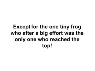 Except for the one tiny frog
who after a big effort was the
only one who reached the
top!
 