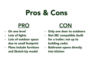 Pros & Cons
CON
- Only one door to outdoors
- Not IBC compatible (built
for a trailer; not up to
building code)
- Bathroom opens directly
into kitchen
PRO
- On one level
- Lots of lights
- Lots of outdoor space
due to small footprint
- Plans include furniture
and Sketch-Up model
 