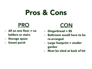Pros & Cons
CON
- Gingerbread = $$
- Bathroom would have to be
re-arranged
- Large footprint = smaller
garden
- Must be sited at back of lot
PRO
- All on one ?oor = no
ladders or stairs
- Storage space
- Sweet porch
 