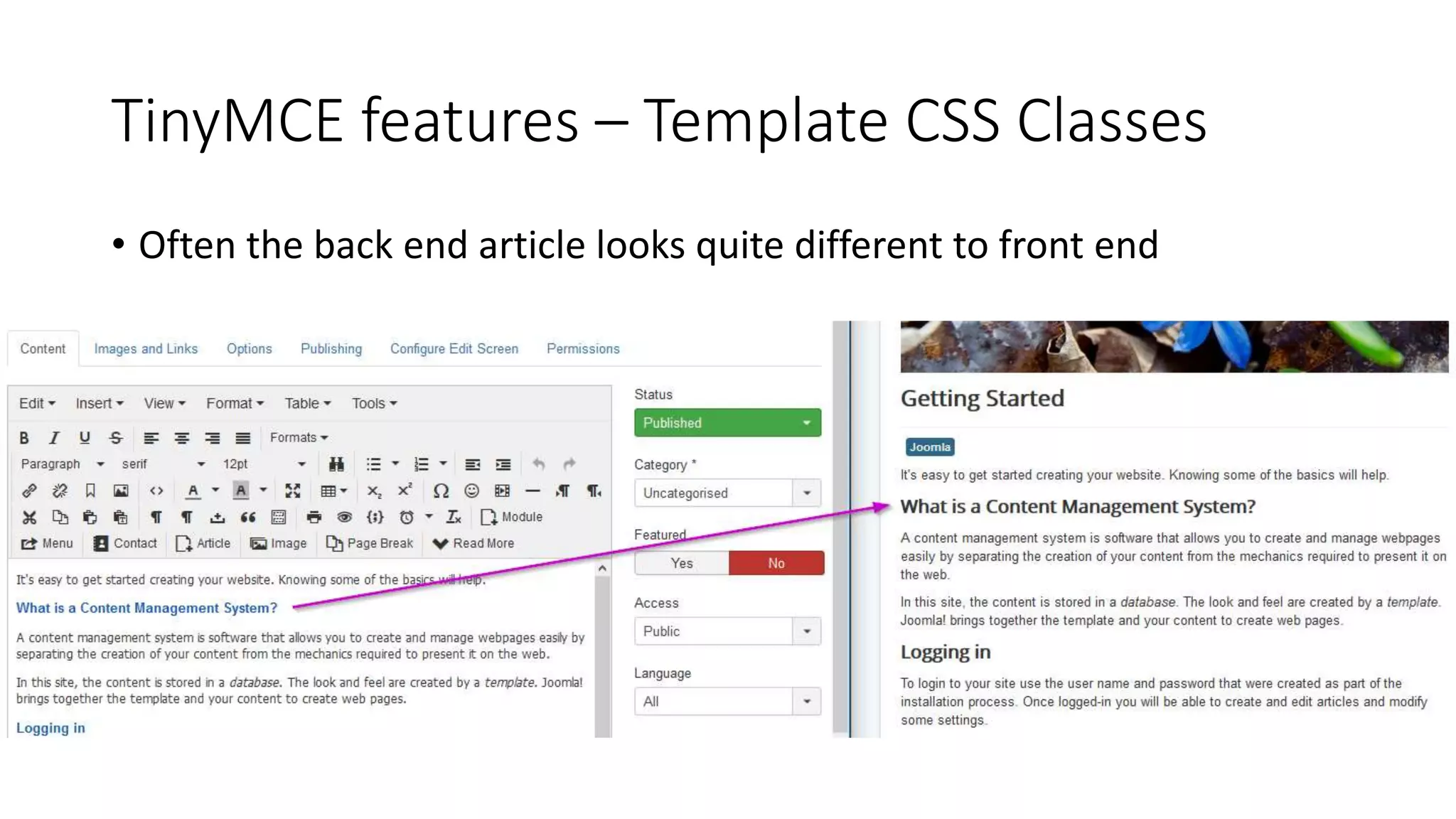 TinyMCE features – Template CSS Classes
• Often the back end article looks quite different to front end
 