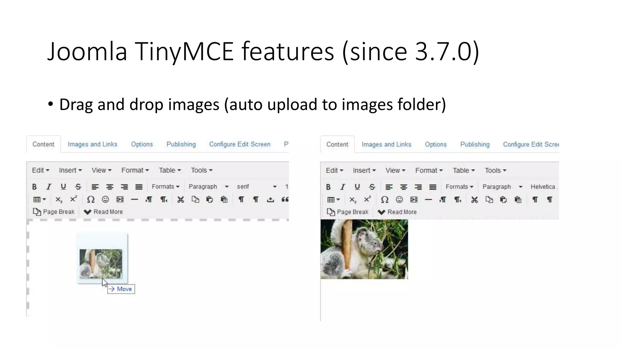 Joomla TinyMCE features (since 3.7.0)
• Drag and drop images (auto upload to images folder)
 