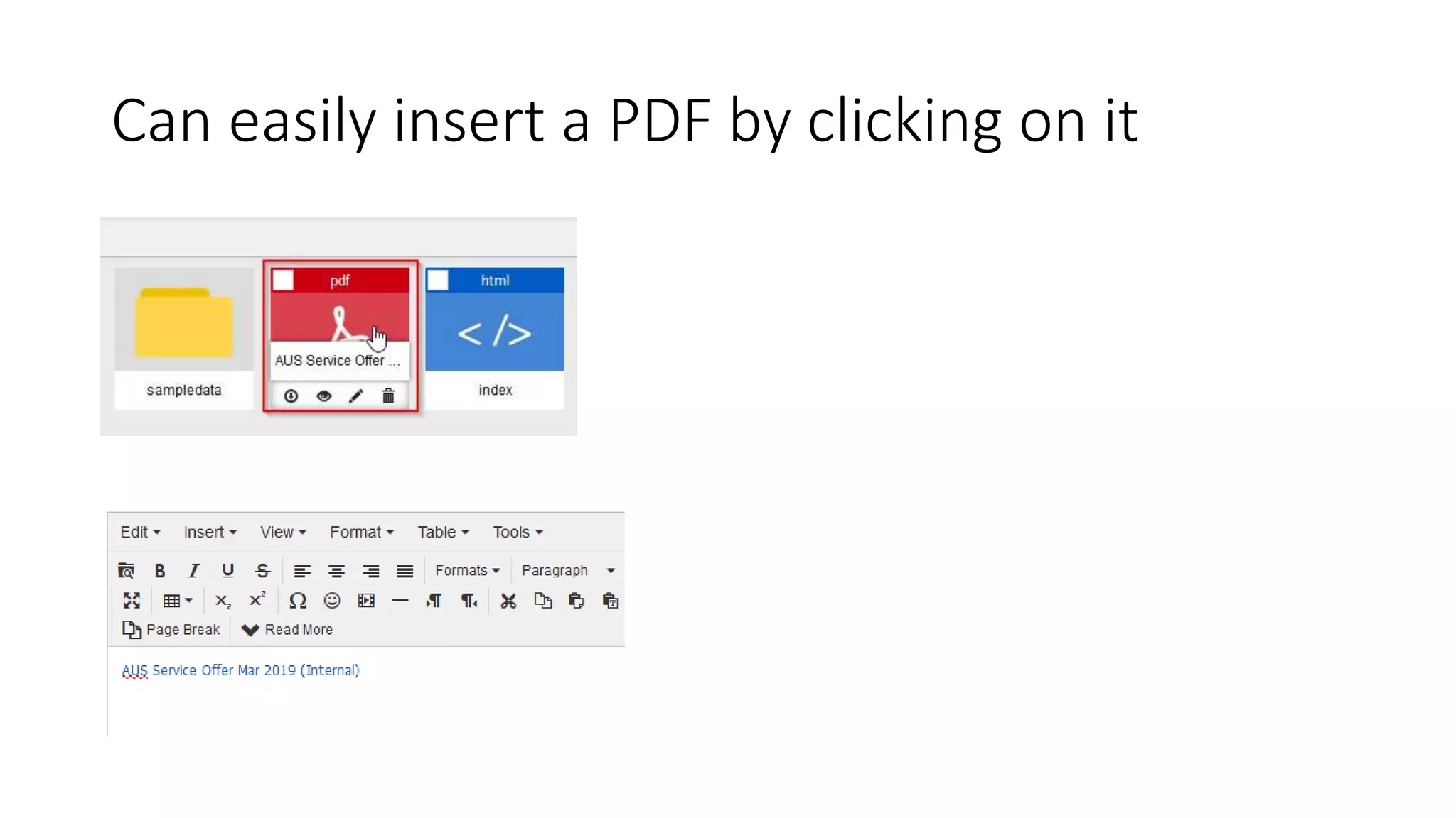 Can easily insert a PDF by clicking on it
 