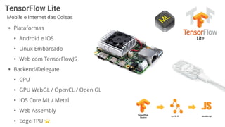 TensorFlow Lite
Mobile e Internet das Coisas
• Plataformas
• Android e iOS
• Linux Embarcado
• Web com TensorFlowJS
• Backend/Delegate
• CPU
• GPU WebGL / OpenCL / Open GL
• iOS Core ML / Metal
• Web Assembly
• Edge TPU ⭐
 