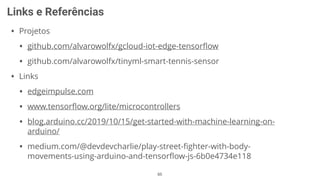 65
Links e Referências
• Projetos
• github.com/alvarowolfx/gcloud-iot-edge-tensorﬂow
• github.com/alvarowolfx/tinyml-smart-tennis-sensor
• Links
• edgeimpulse.com
• www.tensorﬂow.org/lite/microcontrollers
• blog.arduino.cc/2019/10/15/get-started-with-machine-learning-on-
arduino/
• medium.com/@devdevcharlie/play-street-ﬁghter-with-body-
movements-using-arduino-and-tensorﬂow-js-6b0e4734e118
 