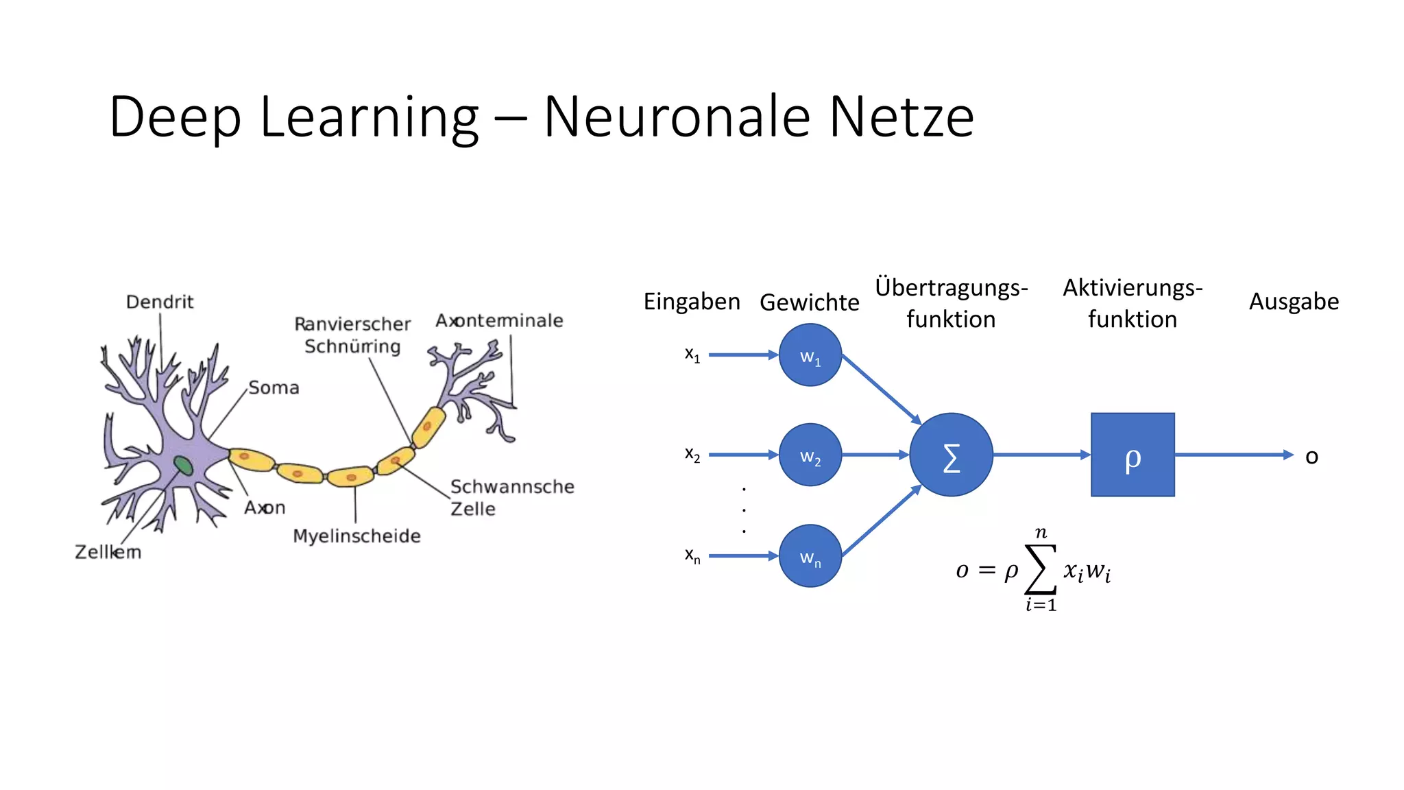 Deep Learning – Neuronale Netze
∑
w1
x1
⍴w2
x2
wn
xn
Eingaben Gewichte
Übertragungs-
funktion
Aktivierungs-
funktion
Ausgabe
o
𝑜 = 𝜌
𝑖=1
𝑛
𝑥𝑖 𝑤𝑖
.
.
.
 