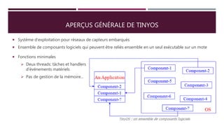 APERÇUS GÉNÉRALE DE TINYOS
 Système d'exploitation pour réseaux de capteurs embarqués
 Ensemble de composants logiciels qui peuvent être reliés ensemble en un seul exécutable sur un mote
 Fonctions minimales
 Deux threads: tâches et handlers
d'événements matériels
 Pas de gestion de la mémoire...
 