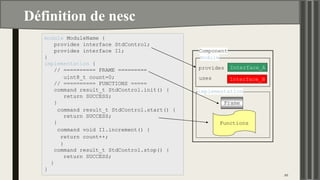 Définition de nesc
20
TinyOS/nesC Basic Concepts 20
module ModuleName {
provides interface StdControl;
provides interface I1;
}
implementation {
// ========== FRAME =========
uint8_t count=0;
// ========== FUNCTIONS =====
command result_t StdControl.init() {
return SUCCESS;
}
command result_t StdControl.start() {
return SUCCESS;
}
command void I1.increment() {
return count++;
}
command result_t StdControl.stop() {
return SUCCESS;
}
}
Component
Frame
Functions
provides
module
implementation
uses
Interface_A
Interface_B
 