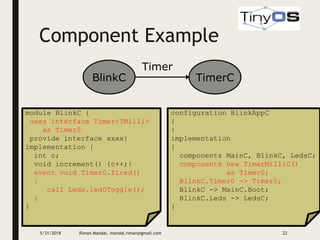 Component Example
5/31/2018 Riman Mandal, mandal.riman@gmail.com 22
TimerC
BlinkC
Timer
module BlinkC {
uses interface Timer<TMilli>
as Timer0
provide interface xxxx}
implementation {
int c;
void increment() {c++;}
event void Timer0.fired()
{
call Leds.led0Toggle();
}
}
configuration BlinkAppC
{
}
implementation
{
components MainC, BlinkC, LedsC;
components new TimerMilliC()
as Timer0;
BlinkC.Timer0 -> Timer0;
BlinkC -> MainC.Boot;
BlinkC.Leds -> LedsC;
}
 