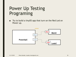 Power Up Testing
Programing
■ Try to build a tinyOS app that turn on the Red Led on
Power up.
5/31/2018 Riman Mandal, mandal.riman@gmail.com 30
PowerUpC
uses
Boot
Leds
MainC
Boot
LedsC
Leds
 
