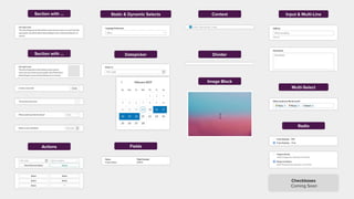 Section with ... Context
Actions
Image Block
Divider
Fields
Datepicker
Radio
Checkboxes
Coming Soon
Section with ...
Static & Dynamic Selects Input & Multi-Line
Multi-Select
 