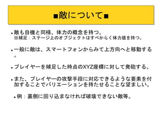 ■敵について■ 
 敵も自機と同様、体力の概念を持つ。 
※補足：ステージ上のオブジェクトはすべからく体力値を持つ。 
 一般に敵は、スマートフォンからみて上方向へと移動する 
。 
 プレイヤーを補足した時点のXYZ座標に対して発砲する。 
 また、プレイヤーの攻撃手段に対応できるような要素を付 
加することでバリエーションを持たせることな望ましい。 
 例：裏側に回り込まなければ破壊できない敵等。 
 