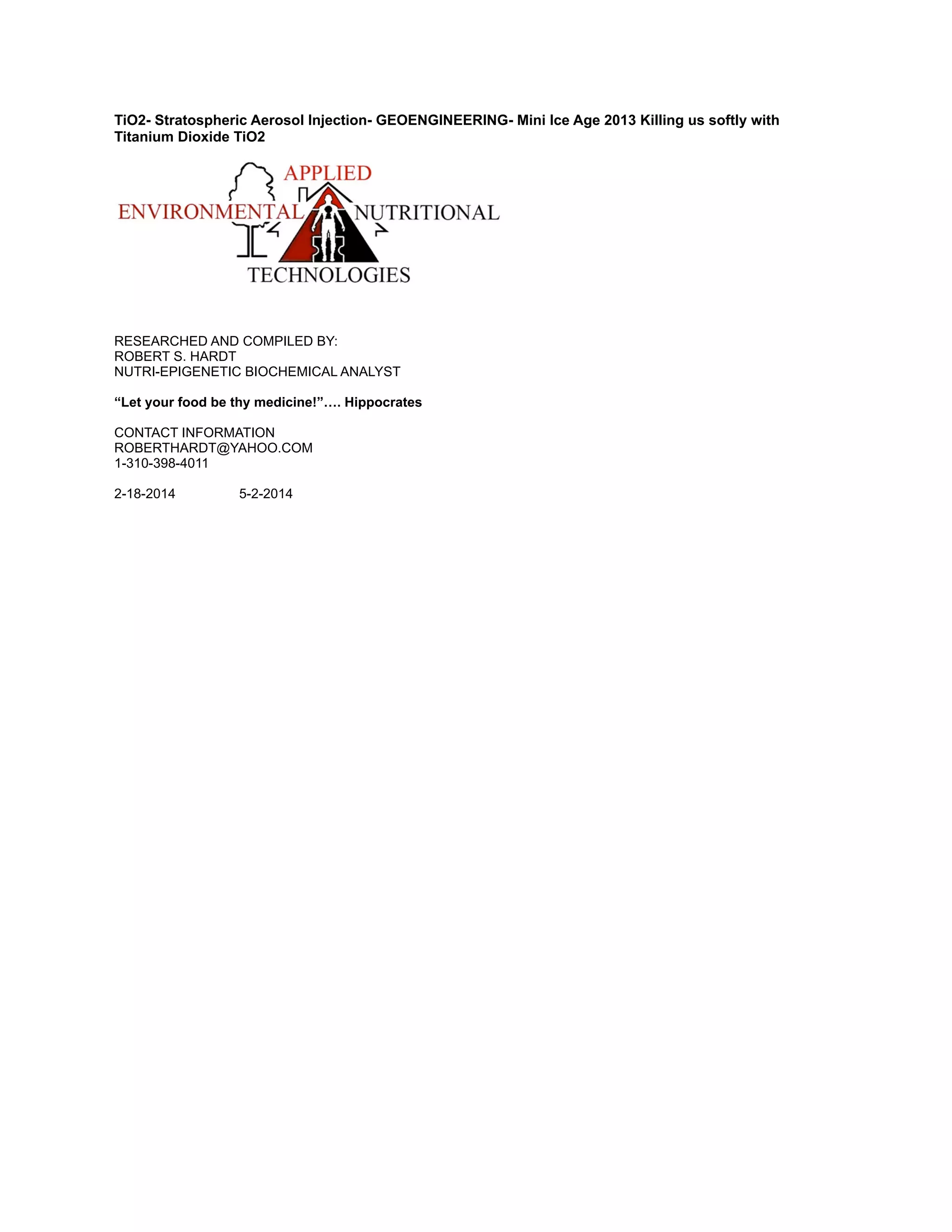 Ti o2 stratospheric aerosol injection geoengineering 2013 PDF