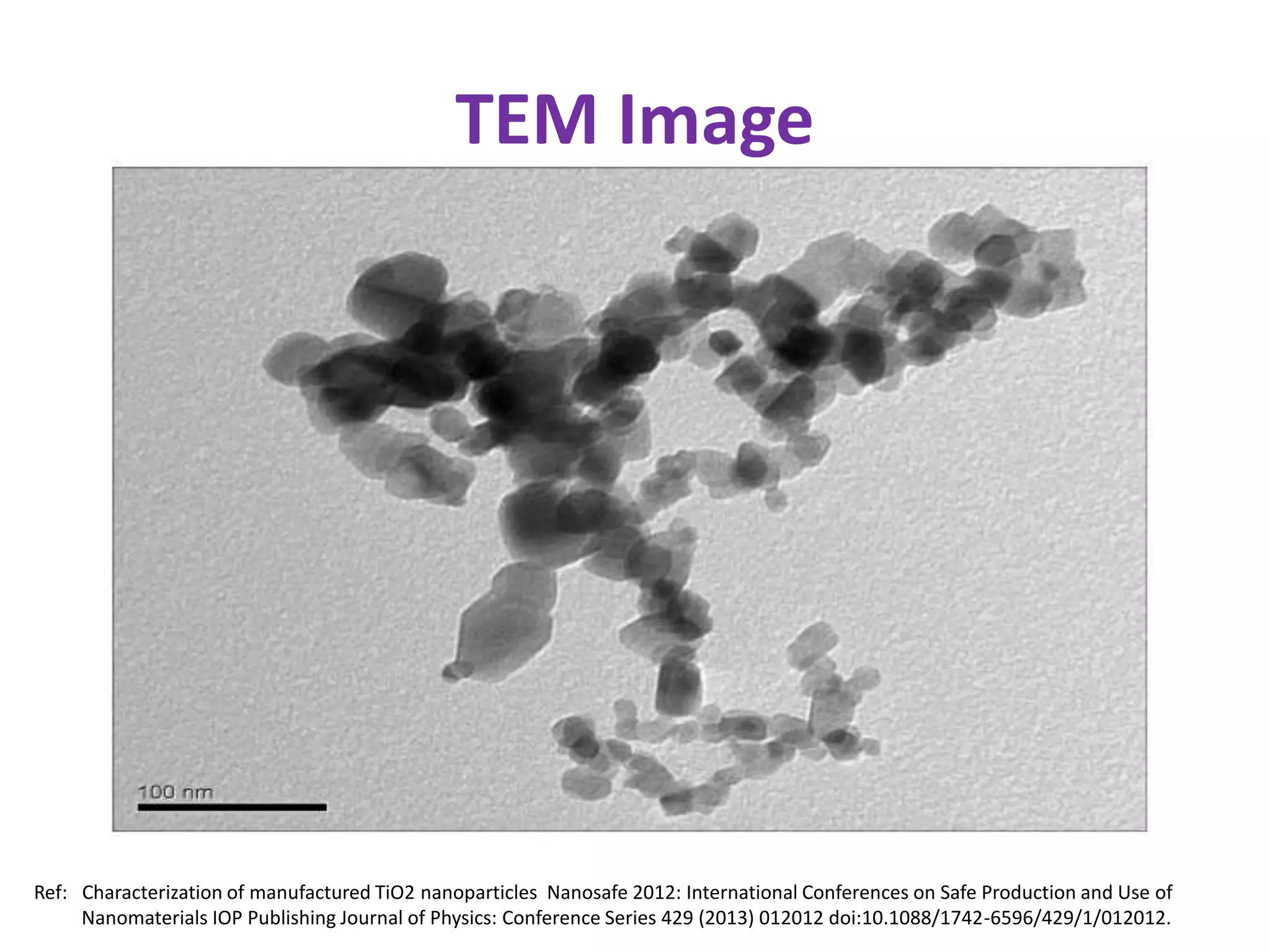 TEM Image
Ref: Characterization of manufactured TiO2 nanoparticles Nanosafe 2012: International Conferences on Safe Production and Use of
Nanomaterials IOP Publishing Journal of Physics: Conference Series 429 (2013) 012012 doi:10.1088/1742-6596/429/1/012012.
 
