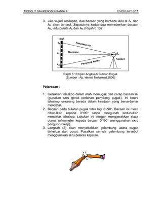 TIODOLIT DAN PENGGUNAANNYA                                      C1005/UNIT 6/17


           3. Jika wujud kesilapan, dua bacaan yang berbeza iaitu di AL dan
              AR akan terhasil. Sepatutnya kedua-dua memeberikan bacaan
              A1, iaitu purata AL dan AR (Rajah 6.10).




                          Rajah 6.10 Ujian Angkujuh Bulatan Pugak
                           (Sumber : Ab. Hamid Mohamed,2000)


           Pelarasan :-

           1. Gerakkan teleskop dalam arah memugak dan cerap bacaan A1
              (gunakan skru gerak perlahan penyilang pugak). Ini beerti
              teleskop sekarang berada dalam keadaan yang benar-benar
              mendatar.
           2. Bacaan pada bulatan pugak tidak lagi 0°/90°. Bacaan ini mesti
              dibetulkan kepada 0°/90° tanpa mengubah kedudukan
              mendatar teleskop. Lakukan ini dengan menggerakkan skala
              utama mikrometer kepada bacaan 0°/90° menggunakan skru
              pengunci (kelip).
           3. Langkah (2) akan menyebabkan gelembung udara pugak
              terkeluar dari pusat. Pusatkan semula gelembung tersebut
              menggunakan skru pelaras kapstan.
 