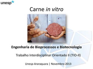 Carne in vitro

Engenharia de Bioprocessos e Biotecnologia
Trabalho Interdisciplinar Orientado II (TIO-II)
Unesp-Araraquara | Novembro-2013

 