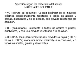 Selección según los materiales del sensor
MATERIALES DEL CABLE
•PVC (cloruro de polivinilo). Calidad estándar de la industria
eléctrica condicionalmente resistente a todos los aceites y
grasas, disolventes y no se debilita, con elevada resistencia ala
abrasión.
•PUR (poliuretano). Resistente a todos los aceites y grasas,
disolventes, y con una elevada resistencia a la abrasión.
•SILICONA. Ideal para temperaturas elevadas o bajas (-50 °C
hasta + 180 ‘”c) moderadamente resistente a la corrosión, y a
todos los aceites, grasas y disolventes.
 