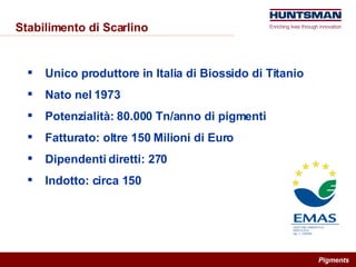 Stabilimento di Scarlino Unico produttore in Italia di Biossido di Titanio Nato nel 1973 Potenzialità: 80.000 Tn/anno di pigmenti Fatturato: oltre 150 Milioni di Euro Dipendenti diretti: 270 Indotto: circa 150 