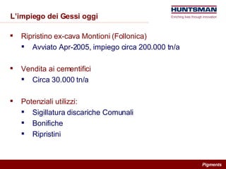 L’impiego dei Gessi oggi Ripristino ex-cava Montioni (Follonica) Avviato Apr-2005, impiego circa 200.000 tn/a Vendita ai cementifici Circa 30.000 tn/a Potenziali utilizzi: Sigillatura discariche Comunali Bonifiche Ripristini 