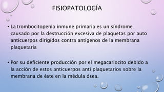 FISIOPATOLOGÍA
• La trombocitopenia inmune primaria es un síndrome
causado por la destrucción excesiva de plaquetas por auto
anticuerpos dirigidos contra antígenos de la membrana
plaquetaria
• Por su deficiente producción por el megacariocito debido a
la acción de estos anticuerpos anti plaquetarios sobre la
membrana de éste en la médula ósea.
 