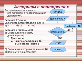 Алгоритм с повторением
Алгоритм с повторением –
  это алгоритм, с повторяющимися       начало
  действиями.
                                     Дано число х
Задание 5 (устно)
Выполните алгоритм для числа х:
а) 1     б) 15    в) 100                         Прибавить 10
Задание 6 (письменно)                               да
а) Составьте блок-схему              х меньше 50?
   для алгоритма:
   1. Дано число                           нет
      2. Пока число больше 10,
          вычесть из числа 5            Ответ

б) Выполните алгоритм для числа 20      конец
в) Запишите тип алгоритма
 