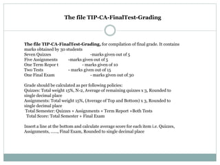 The file TIP-CA-FinalTest-Grading, for compilation of final grade. It contains
marks obtained by 30 students
Seven Quizzes -marks given out of 5
Five Assignments -marks given out of 5
One Term Repor t - marks given of 10
Two Tests - marks given out of 15
One Final Exam - marks given out of 30
Grade should be calculated as per following policies:
Quizzes: Total weight 15%, N-2, Average of remaining quizzes x 3, Rounded to
single decimal place
Assignments: Total weight 15%, (Average of Top and Bottom) x 3, Rounded to
single decimal place
Total Semester: Quizzes + Assignments + Term Report +Both Tests
Total Score: Total Semester + Final Exam
Insert a line at the bottom and calculate average score for each item i.e. Quizzes,
Assignments, ……, Final Exam, Rounded to single decimal place
The file TIP-CA-FinalTest-Grading
 
