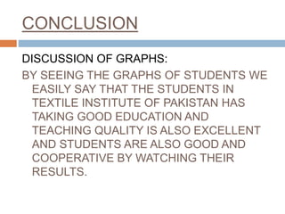 CONCLUSION
DISCUSSION OF GRAPHS:
BY SEEING THE GRAPHS OF STUDENTS WE
EASILY SAY THAT THE STUDENTS IN
TEXTILE INSTITUTE OF PAKISTAN HAS
TAKING GOOD EDUCATION AND
TEACHING QUALITY IS ALSO EXCELLENT
AND STUDENTS ARE ALSO GOOD AND
COOPERATIVE BY WATCHING THEIR
RESULTS.
 