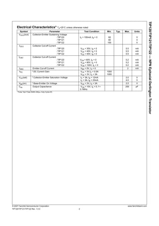 TIP120/TIP121/TIP122 — NPN Epitaxial Darlington Transistor 
Electrical Characteristics* Ta=25°C unless otherwise noted 
Symbol Parameter Test Condition Min. Typ. Max. Units 
VCEO(sus) Collector-Emitter Sustaining Voltage 
ICEO Collector Cut-off Current 
ICBO Collector Cut-off Current 
IEBO Emitter Cut-off Current VBE = 5V, IC = 0 2 mA 
hFE * DC Current Gain VCE = 3V,IC = 0.5A 
VCE(sat) * Collector-Emitter Saturation Voltage IC = 3A, IB = 12mA 
VBE(on) * Base-Emitter On Voltage VCE = 3V, IC = 3A 2.5 V 
Cob Output Capacitance VCB = 10V, IE = 0, f = 
* Pulse Test: Pulse Width£300ms, Duty Cycle£2% 
: TIP120 
: TIP121 
: TIP122 
IC = 100mA, IB = 0 60 
80 
100 
VVV 
: TIP120 
: TIP121 
: TIP122 
VCE = 30V, IB = 0 
VCE = 40V, IB = 0 
VCE = 50V, IB = 0 
0.5 
0.5 
0.5 
mA 
mA 
mA 
: TIP120 
: TIP121 
: TIP122 
VCB = 60V, IE = 0 
VCB = 80V, IE = 0 
VCB = 100V, IE = 0 
0.2 
0.2 
0.2 
mA 
mA 
mA 
VCE = 3V, IC = 3A 
1000 
1000 
IC = 5A, IB = 20mA 
2.0 
4.0 
VV 
0.1MHz 
200 pF 
© 2007 Fairchild Semiconductor Corporation www.fairchildsemi.com 
TIP120/TIP121/TIP122 Rev. 1.0.0 2 
 