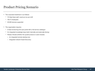 47Vendor Landscape: Enterprise Service Desk Info-Tech Research Group
Product Pricing Scenario
• The corporate breakdown is as follows:
◦ 70 Help Desk staff, maximum six per shift
◦ 700 IT employees
◦ 20,000 devices supported
• The organization requires:
◦ A fully functioning end-user portal with a full service catalogue
◦ An integrated knowledge base (both internally and externally facing)
◦ Please indicate whether the quoted product or suite includes:
– An integrated remote desktop tool
– Integrated network Asset Discovery
 