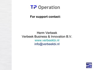 Operation
For support contact:
Herm Verbeek
Verbeek Business & Innovation B.V.
www.verbeekbi.nl
info@verbeekbi.nl
 