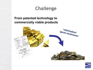 From patented technology to
commercially viable products
Challenge
‘valorisation’
‘goud verzilveren’
 