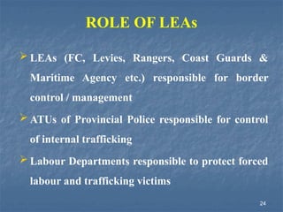 24
 LEAs (FC, Levies, Rangers, Coast Guards &
Maritime Agency etc.) responsible for border
control / management
 ATUs of Provincial Police responsible for control
of internal trafficking
 Labour Departments responsible to protect forced
labour and trafficking victims
ROLE OF LEAs
 