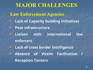 MAJOR CHALLENGES
Law Enforcement Agencies
 Lack of Capacity building initiatives
 Poor infrastructure
 Liaison with international law
enforcers
 Lack of cross border intelligence
 Absence of Victim Facilitation /
Reception Centers
56
 