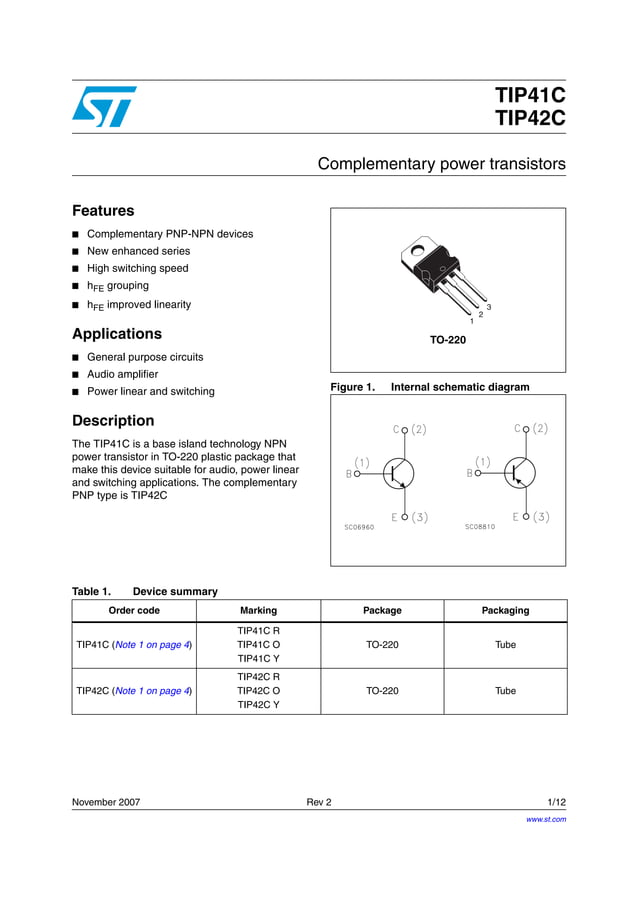 Original Transistor NPN TIP41C TIP41 6A 100V TO220 New PDF