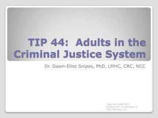 TIP 44: Adults in the
Criminal Justice System
     Dr. Dawn-Elise Snipes, PhD, LMHC, CRC, NCC




                              Copyright 2008-2012
                              AllCEUs.com A subsidiary of
                              CDS Ventures, LLC
 