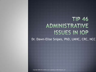 Dr. Dawn-Elise Snipes, PhD, LMHC, CRC, NCC




Copyright 2008-2012 AllCEUs.com A subsidiary of CDS Ventures, LLC
 