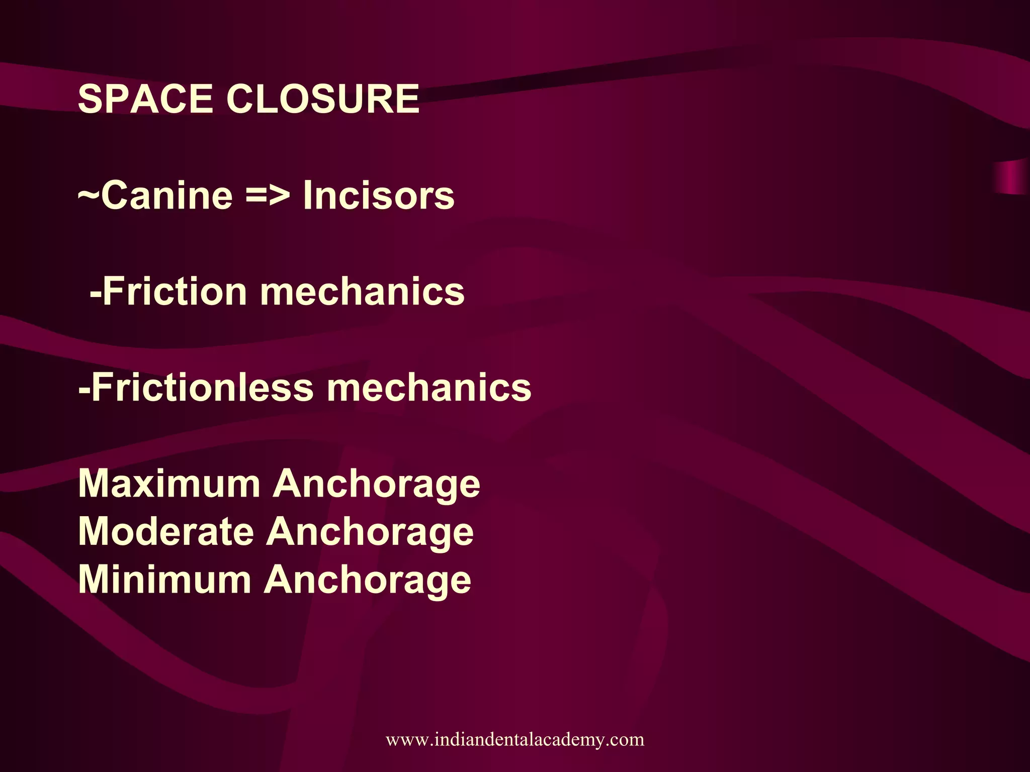 SPACE CLOSURE
~Canine => Incisors
-Friction mechanics
-Frictionless mechanics
Maximum Anchorage
Moderate Anchorage
Minimum Anchorage
www.indiandentalacademy.com
 