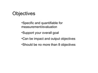 Objectives Specific and quantifiable for measurement/evaluation Support your overall goal Can be impact and output objectives Should be no more than 8 objectives 