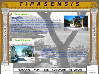 Etudiants :
Aloui . L
Belkacem . R
Fermous . Med
Etudiants :
Aloui . L
Belkacem . R
Fermous . Med
T I P A S E N S I S
Enseignants :
Mr . Betroni . O
Mr .Labreche . Med
Enseignants :
Mr . Betroni . O
Mr .Labreche . Med PLAIDOIRIE POUR UNE CONTINUITE HISTORIQUE
Session JUIN 2003
- Historique :
Issue du premier tracé colonial de1864, c’est une limite du
village colonial d’une part, et du parc Ouest d’autre part .
Lieu d’échange social intense, elle est le prolongement de la rue
du musée marquant ainsi, le passage de la rue mécanique à la
rue piétonne.
Aujourd’hui, elle est un axe de promenade touristique.
- Historique :
La rue de la mairie est issue du premier trace colonial de
1854,elle est support de plusieurs
activités administratives, culturelles et économiques.
• La rue de la mairie :
• La rue piétonne :
 