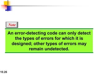 10.26
An error-detecting code can only detect
the types of errors for which it is
designed; other types of errors may
remain undetected.
Note
 