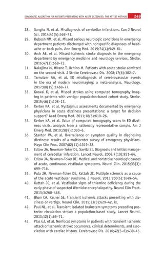 249
DIAGNOSTIC ALGORITHM FOR PATIENTS PRESENTING WITH ACUTE DIZZINESS: THE ATTEST METHOD
	
28. Sangha N, et al. Misdiagnosis of cerebellar infarctions. Can J Neurol
Sci. 2014;41(5):568–71.
	
29. Dubosh NM, et al. Missed serious neurologic conditions in emergency
department patients discharged with nonspecific diagnoses of head-
ache or back pain. Ann Emerg Med. 2019;74(4):549–61.
	
30. Arch AE, et al. Missed ischemic stroke diagnosis in the emergency
department by emergency medicine and neurology services. Stroke.
2016;47(3):668–73.
	
31. Nakajima M, Hirano T, Uchino M. Patients with acute stroke admitted
on the second visit. J Stroke Cerebrovasc Dis. 2008;17(6):382–7.
	
32. Tarnutzer AA, et  al. ED misdiagnosis of cerebrovascular events
in the era of modern neuroimaging: a meta-analysis. Neurology.
2017;88(15):1468–77.
	
33. Grewal K, et al. Missed strokes using computed tomography imag-
ing in patients with vertigo: population-based cohort study. Stroke.
2015;46(1):108–13.
	
34. Kerber KA, et al. Nystagmus assessments documented by emergency
physicians in acute dizziness presentations: a target for decision
support? Acad Emerg Med. 2011;18(6):619–26.
	
35. Kerber KA, et al. Value of computed tomography scans in ED dizzi-
ness visits: analysis from a nationally representative sample. Am J
Emerg Med. 2010;28(9):1030–6.
	
36. Stanton VA, et al. Overreliance on symptom quality in diagnosing
dizziness: results of a multicenter survey of emergency physicians.
Mayo Clin Proc. 2007;82(11):1319–28.
	
37. Edlow JA, Newman-Toker DE, Savitz SI. Diagnosis and initial manage-
ment of cerebellar infarction. Lancet Neurol. 2008;7(10):951–64.
	38.	 Edlow JA, Newman-Toker DE. Medical and nonstroke neurologic causes
of acute, continuous vestibular symptoms. Neurol Clin. 2015;33(3):
699–716.
	
39. Pula JH, Newman-Toker DE, Kattah JC. Multiple sclerosis as a cause
of the acute vestibular syndrome. J Neurol. 2013;260(6):1649–54.
	
40. Kattah JC, et al. Vestibular signs of thiamine deficiency during the
early phase of suspected Wernicke encephalopathy. Neurol Clin Pract.
2013;3:260–468.
	
41. Blum CA, Kasner SE. Transient ischemic attacks presenting with diz-
ziness or vertigo. Neurol Clin. 2015;33(3):629–42, ix.
	
42. Paul NL, et al. Transient isolated brainstem symptoms preceding pos-
terior circulation stroke: a population-based study. Lancet Neurol.
2013;12(1):65–71.
	
43. Plas GJ, et al. Nonfocal symptoms in patients with transient ischemic
attack or ischemic stroke: occurrence, clinical determinants, and asso-
ciation with cardiac history. Cerebrovasc Dis. 2016;42(5–6):439–45.
 