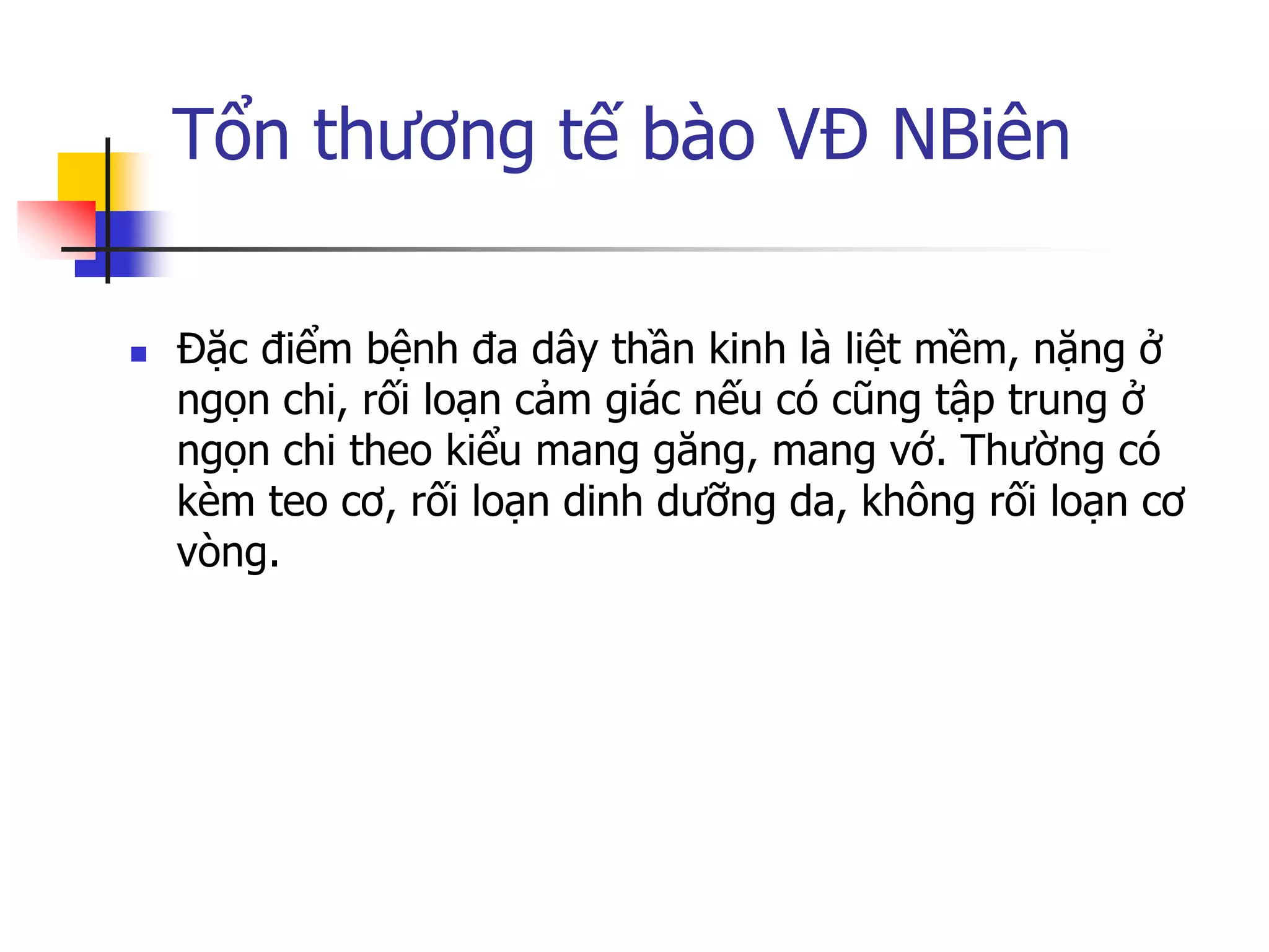 Tổn thƣơng tế bào VĐ NBiên
 Đặc điểm bệnh đa dây thần kinh là liệt mềm, nặng ở
ngọn chi, rối loạn cảm giác nếu có cũng tập trung ở
ngọn chi theo kiểu mang găng, mang vớ. Thƣờng có
kèm teo cơ, rối loạn dinh dƣỡng da, không rối loạn cơ
vòng.
 