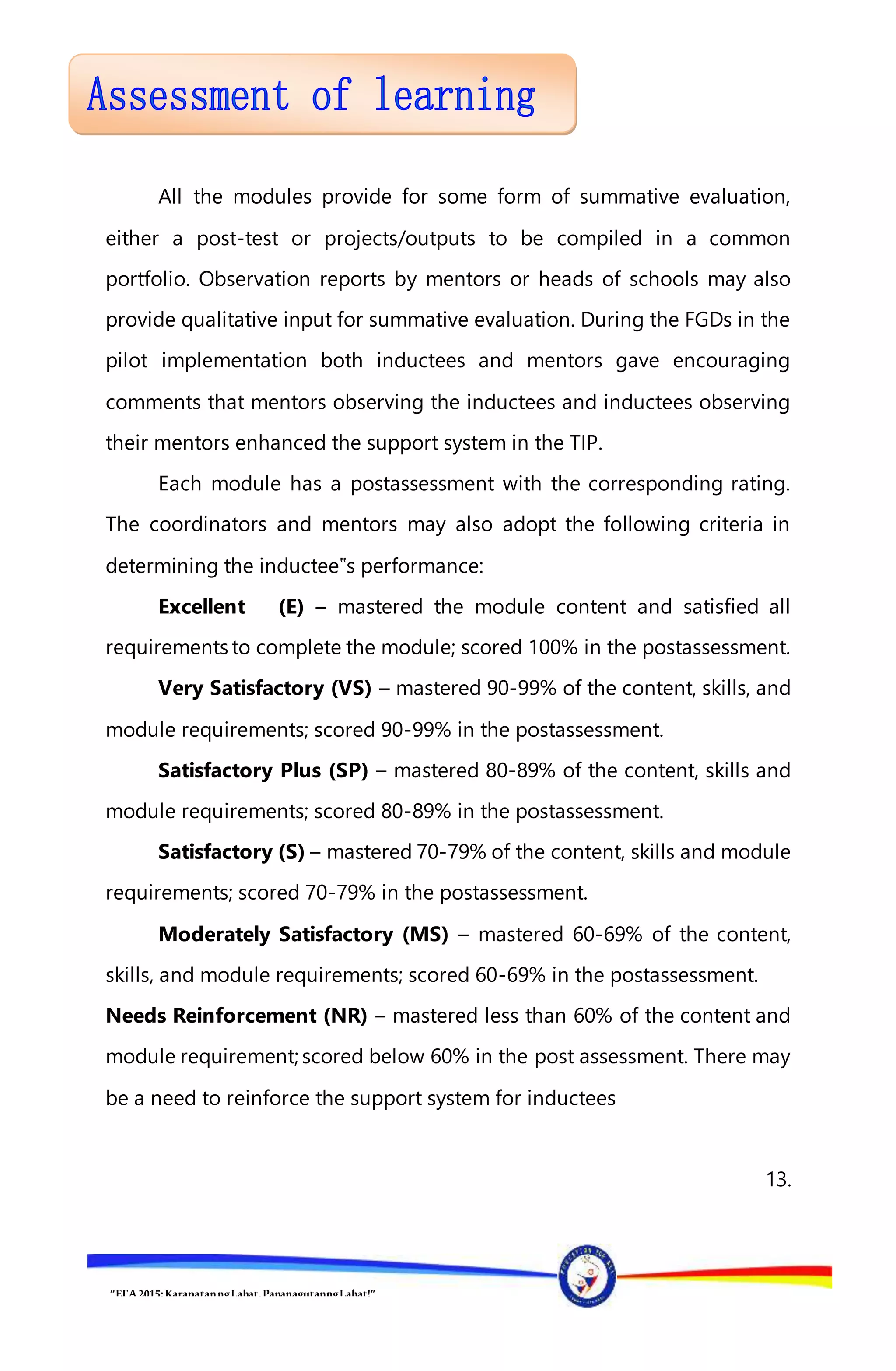 “EFA2015:KarapatanngLahat,PananagutanngLahat!”
All the modules provide for some form of summative evaluation,
either a post-test or projects/outputs to be compiled in a common
portfolio. Observation reports by mentors or heads of schools may also
provide qualitative input for summative evaluation. During the FGDs in the
pilot implementation both inductees and mentors gave encouraging
comments that mentors observing the inductees and inductees observing
their mentors enhanced the support system in the TIP.
Each module has a postassessment with the corresponding rating.
The coordinators and mentors may also adopt the following criteria in
determining the inductee‟s performance:
Excellent (E) – mastered the module content and satisfied all
requirements to complete the module; scored 100% in the postassessment.
Very Satisfactory (VS) – mastered 90-99% of the content, skills, and
module requirements; scored 90-99% in the postassessment.
Satisfactory Plus (SP) – mastered 80-89% of the content, skills and
module requirements; scored 80-89% in the postassessment.
Satisfactory (S) – mastered 70-79% of the content, skills and module
requirements; scored 70-79% in the postassessment.
Moderately Satisfactory (MS) – mastered 60-69% of the content,
skills, and module requirements; scored 60-69% in the postassessment.
Needs Reinforcement (NR) – mastered less than 60% of the content and
module requirement; scored below 60% in the post assessment. There may
be a need to reinforce the support system for inductees
13.
 