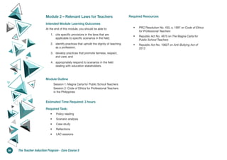 Module 2 – Relevant Laws for Teachers
Intended Module Learning Outcomes
At the end of this module, you should be able to:
1. cite specific provisions in the laws that are
applicable to specific scenarios in the field;
2. identify practices that uphold the dignity of teaching
as a profession;
3. develop practices that promote fairness, respect,
and care; and
4. appropriately respond to scenarios in the field
dealing with education stakeholders.
Module Outline
Session 1: Magna Carta for Public School Teachers
Session 2: Code of Ethics for Professional Teachers
in the Philippines
Estimated Time Required: 3 hours
Required Task:
• Policy reading
• Scenario analysis
• Case study
• Reflections
• LAC sessions
Required Resources
• PRC Resolution No. 435, s. 1997 on Code of Ethics
for Professional Teachers
• Republic Act No. 4670 on The Magna Carta for
Public School Teachers
• Republic Act No. 10627 on Anti-Bullying Act of
2013
56 The Teacher Induction Program - Core Course 5
 