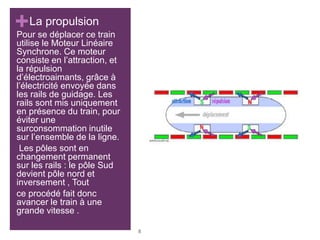 +La propulsion
Pour se déplacer ce train
utilise le Moteur Linéaire
Synchrone. Ce moteur
consiste en l’attraction, et
la répulsion
d’électroaimants, grâce à
l’électricité envoyée dans
les rails de guidage. Les
rails sont mis uniquement
en présence du train, pour
éviter une
surconsommation inutile
sur l’ensemble de la ligne.
Les pôles sont en
changement permanent
sur les rails : le pôle Sud
devient pôle nord et
inversement , Tout
ce procédé fait donc
avancer le train à une
grande vitesse .
8
 