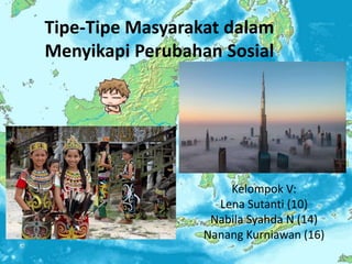 Tipe-Tipe Masyarakat dalam
Menyikapi Perubahan Sosial
Kelompok V:
Lena Sutanti (10)
Nabila Syahda N (14)
Nanang Kurniawan (16)
 
