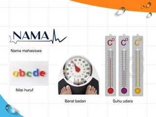 Nama mahasiswa
Suhu udaraBerat badan
Nilai huruf
 