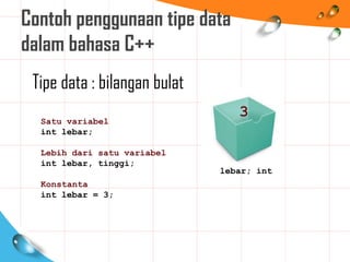 Contoh penggunaan tipe data
dalam bahasa C++
Satu variabel
int lebar;
Lebih dari satu variabel
int lebar, tinggi;
Konstanta
int lebar = 3;
Tipe data : bilangan bulat
lebar; int
3
 