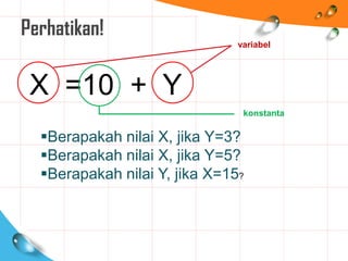 Perhatikan!
X =10 + Y
Berapakah nilai X, jika Y=3?
Berapakah nilai X, jika Y=5?
Berapakah nilai Y, jika X=15?
variabel
konstanta
 