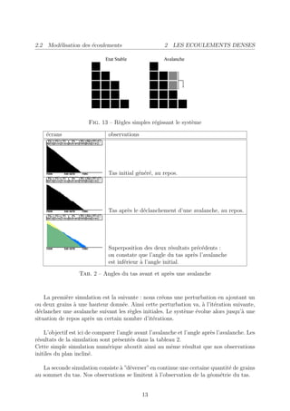 2.2 Mod´lisation des ´coulements
       e             e                                 2 LES ECOULEMENTS DENSES




                      Fig. 13 – R`gles simples r´gissant le syst`me
                                 e              e               e

    ´crans
    e                          observations




                               Tas initial g´n´r´, au repos.
                                            e ee




                               Tas apr`s le d´clanchement d’une avalanche, au repos.
                                      e      e




                               Superposition des deux r´sultats pr´c´dents :
                                                           e       e e
                               on constate que l’angle du tas apr`s l’avalanche
                                                                 e
                               est inf´rieur ` l’angle initial.
                                      e      a

                  Tab. 2 – Angles du tas avant et apr`s une avalanche
                                                     e



    La premi`re simulation est la suivante : nous cr´ons une perturbation en ajoutant un
             e                                      e
ou deux grains ` une hauteur donn´e. Ainsi cette perturbation va, ` l’it´ration suivante,
                a                   e                               a    e
d´clancher une avalanche suivant les r`gles initiales. Le syst`me ´volue alors jusqu’` une
  e                                    e                      e   e                  a
situation de repos apr`s un certain nombre d’it´rations.
                      e                         e

    L’objectif est ici de comparer l’angle avant l’avalanche et l’angle apr`s l’avalanche. Les
                                                                           e
r´sultats de la simulation sont pr´sent´s dans la tableau 2.
 e                                  e    e
Cette simple simulation num´rique aboutit ainsi au mˆme r´sultat que nos observations
                               e                          e     e
initiles du plan inclin´.
                        e

   La seconde simulation consiste ` ”d´verser” en continue une certaine quantit´ de grains
                                  a e                                          e
au sommet du tas. Nos observations se limitent ` l’observation de la g´om´trie du tas.
                                                 a                     e e


                                              13
 